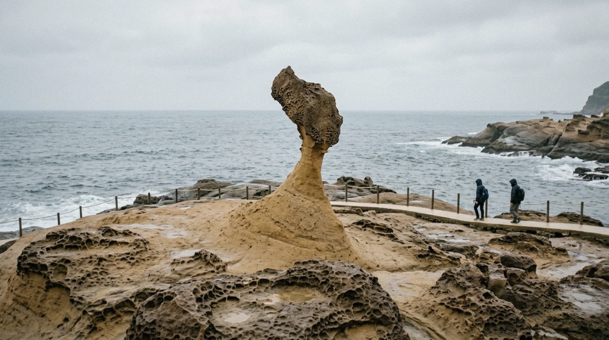 朝の光の中の野柳地質公園の女王頭、台北発 北東海岸ツアーの海沿いの立ち寄り先、台湾